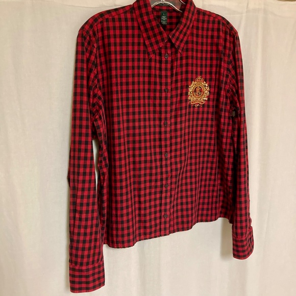 Lauren Ralph Lauren Red Black Checkered Button Down Large Crest Logo Size Large - Picture 12 of 12